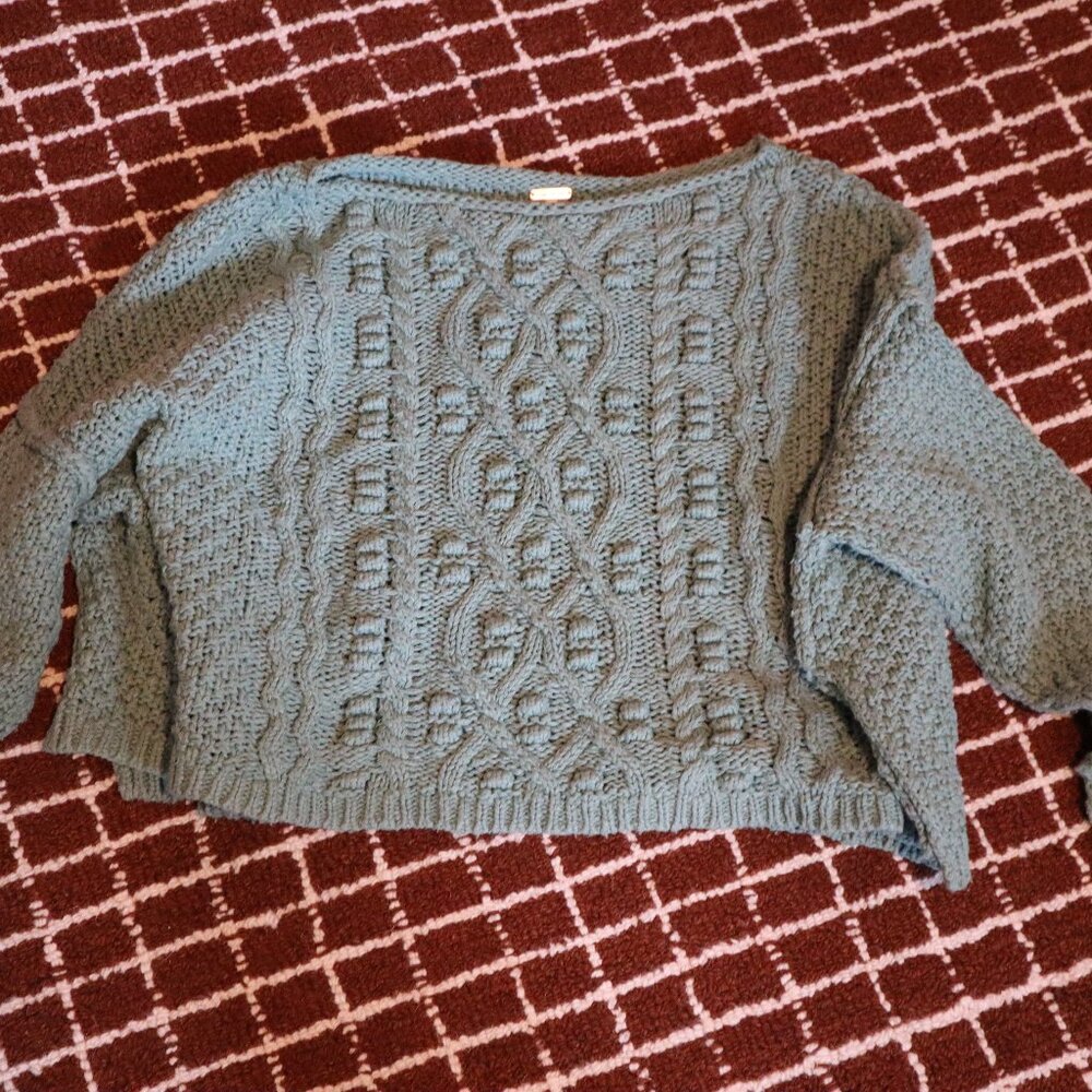 Free People Square Cropped Cable Knit Sweater- sage